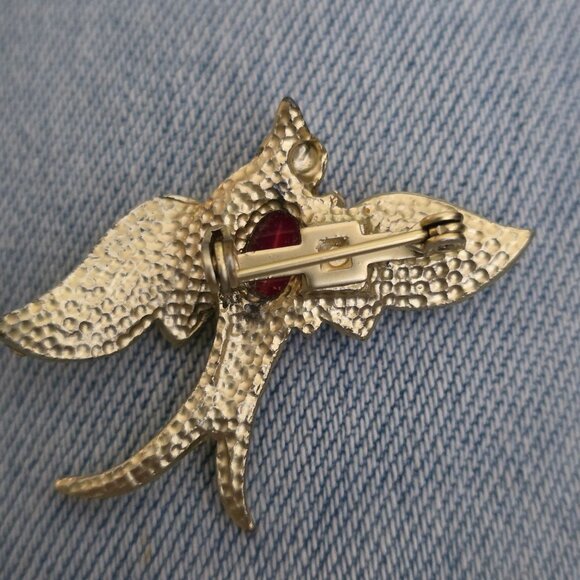 1960s Jelly Belly Bird Brooch Gold-Tone Red Cabochon Missing Rhinestone & Eye - Picture 4 of 6